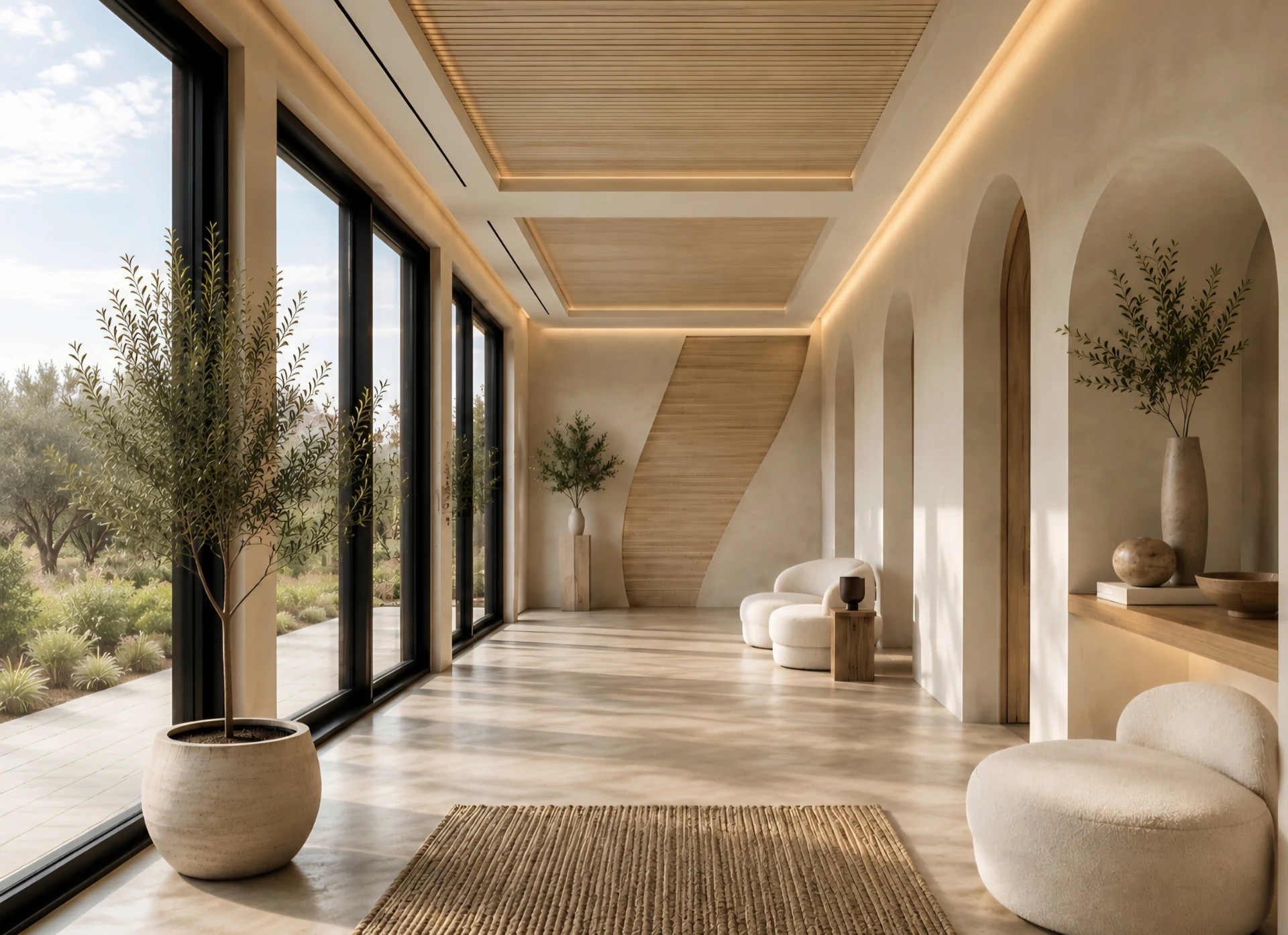 Gallery with floor-to-ceiling black-framed windows, potted trees, arched niches and bouclé seats under a slatted wood ceiling