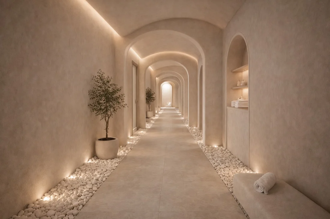 TERRA Spa — Arched corridor edged with lit white pebbles, potted trees and a niche of folded towels